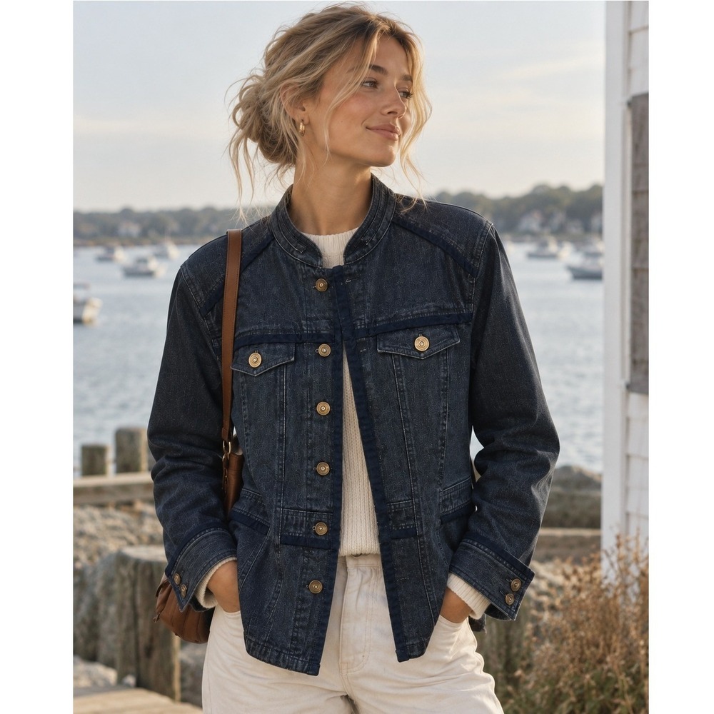 Jones NY Denim Jacket Womens L Dark Wash Coastal Preppy Utility Military Chic